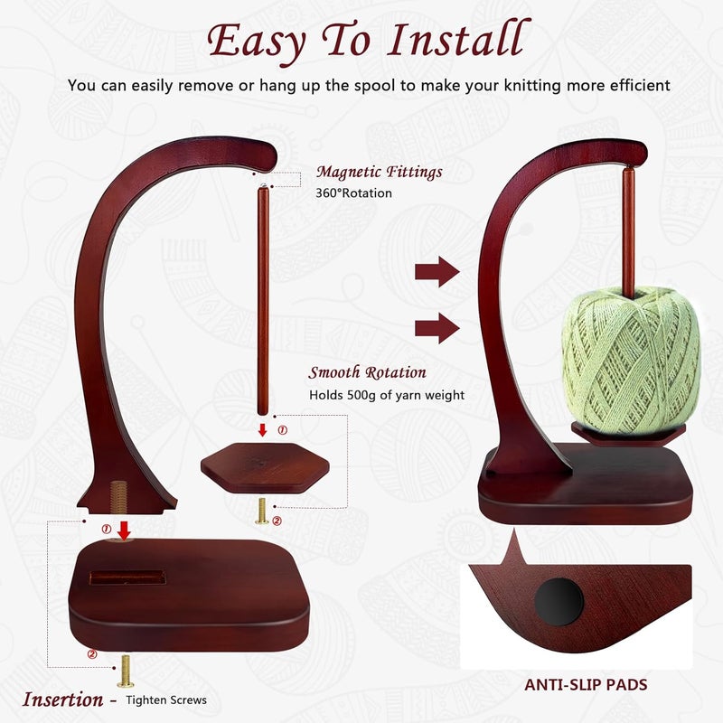 JUCPASH Yarn Holder for Crocheting and Knitting, Wooden Yarn Spinner with Magnetic Rotating Mechanism and Anti-Slip Pads, Crochet Accessories Birthday Gifts for Women Mom Wife Grandma Mother (Brown) - Image 5